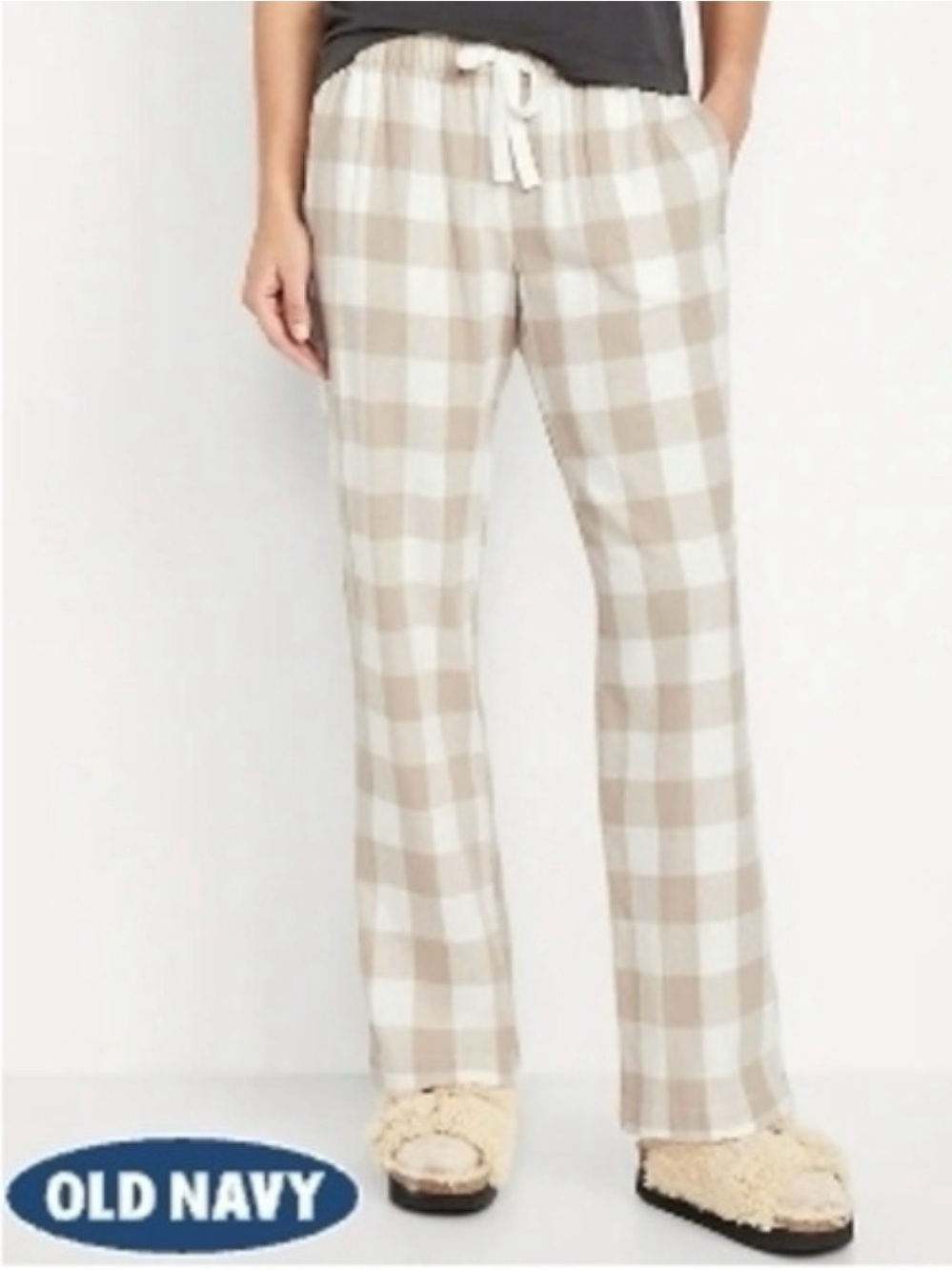 Old Navy Buffalo Plaid Beige Neutral Fleece PJs Pajamas Pants Sz Large